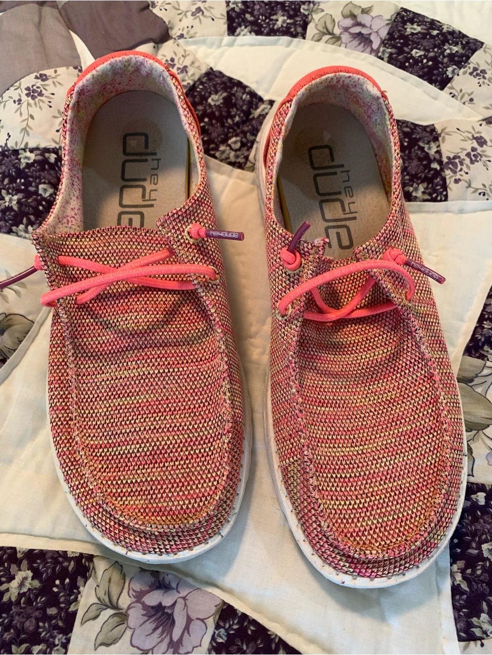 Hey Dude Woven Pink Coral Knit Slip-On Moccasins